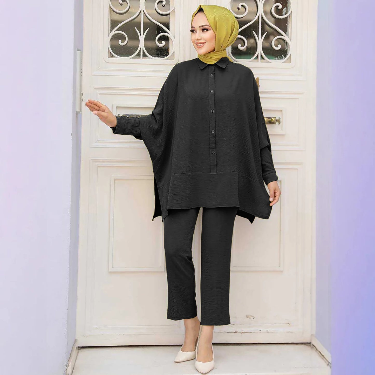 Eid Mubarak Abaya Turkey Hijab Two-piece Muslim Sets Dress Caftan Kaftans Islam Clothing 2 Piece Set Women Loose Wide Leg Pants