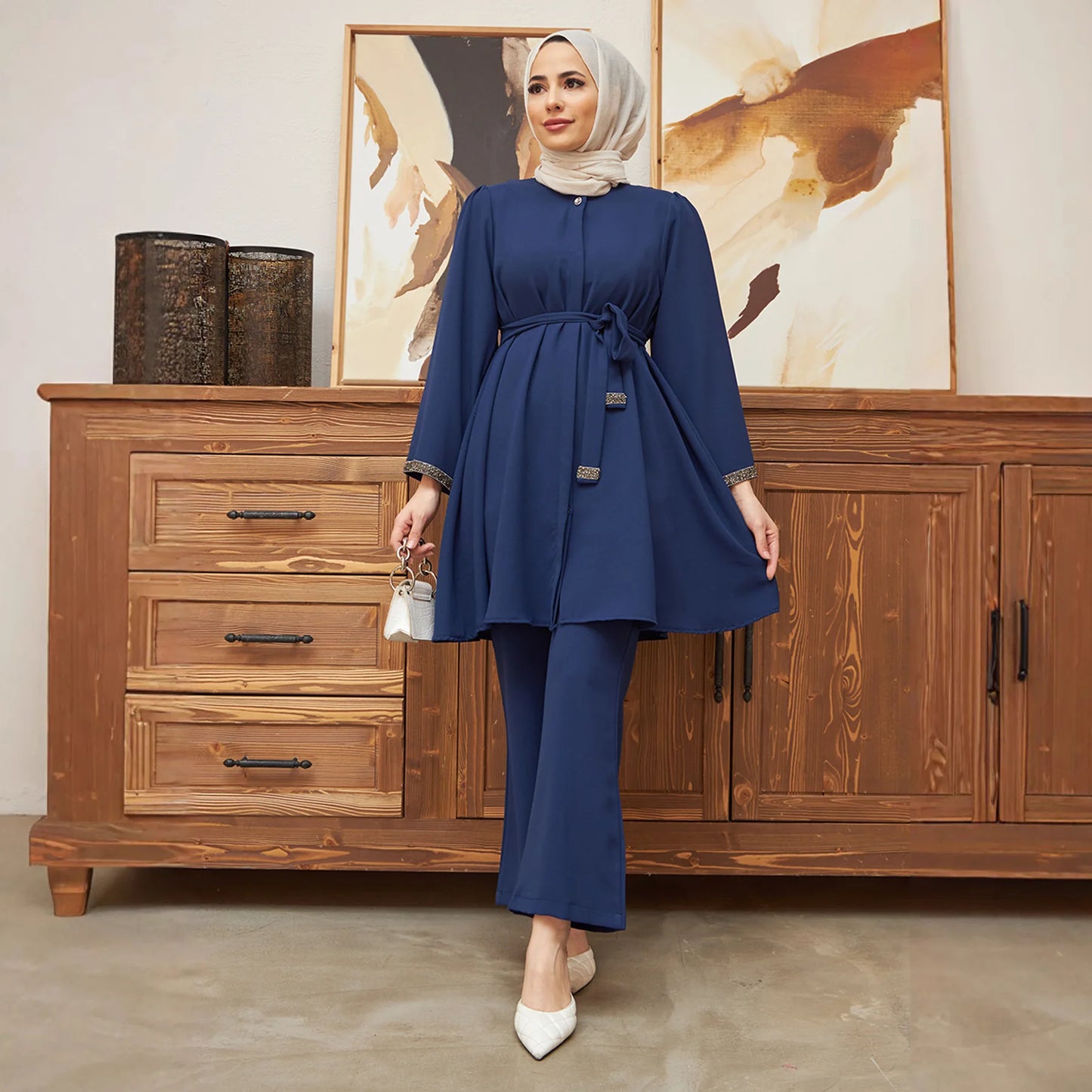 Eid Mubarak Abaya Turkey Hijab Two-piece Muslim Sets Dress Caftan Kaftans Islam Clothing 2 Piece Set Women Loose Wide Leg Pants