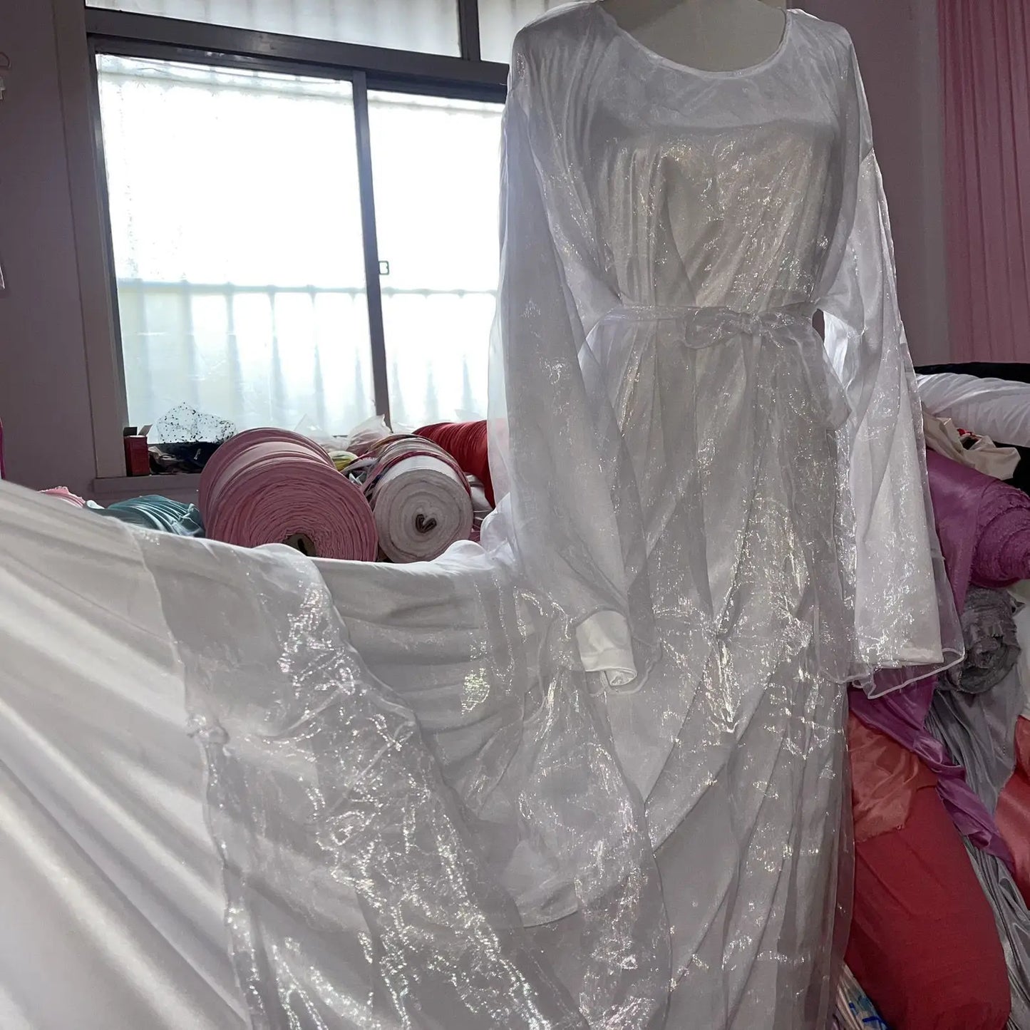 Double Layers Satin Glossy Women Long Sleeve Loose Maxi Dress Plus Size Sexy Sleeping Robe