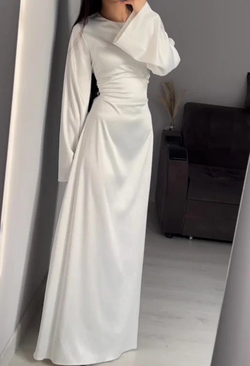 Dress Women Autumn Fashion Solid Color Satin Dress Women High Neck Long Sleeve High Waist Tie Up Elegant Slim Maxi Dress