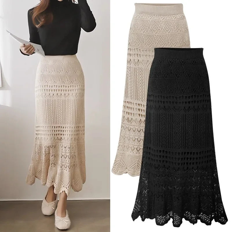 Summer Pure Desire Large Size Women's Thin Hollow Knitted Mid-Length High Waist Fish Tail Bodycon Skirt Half-length Skirt