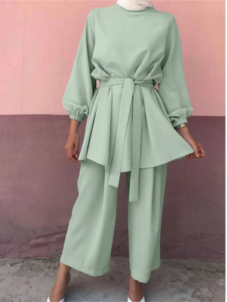 Eid Muslim Two Piece Set Islam Women Lace Up Blouse And Wide Leg Pants Suits Spring Autumn Lady Sets Solid Color Casual Outfits