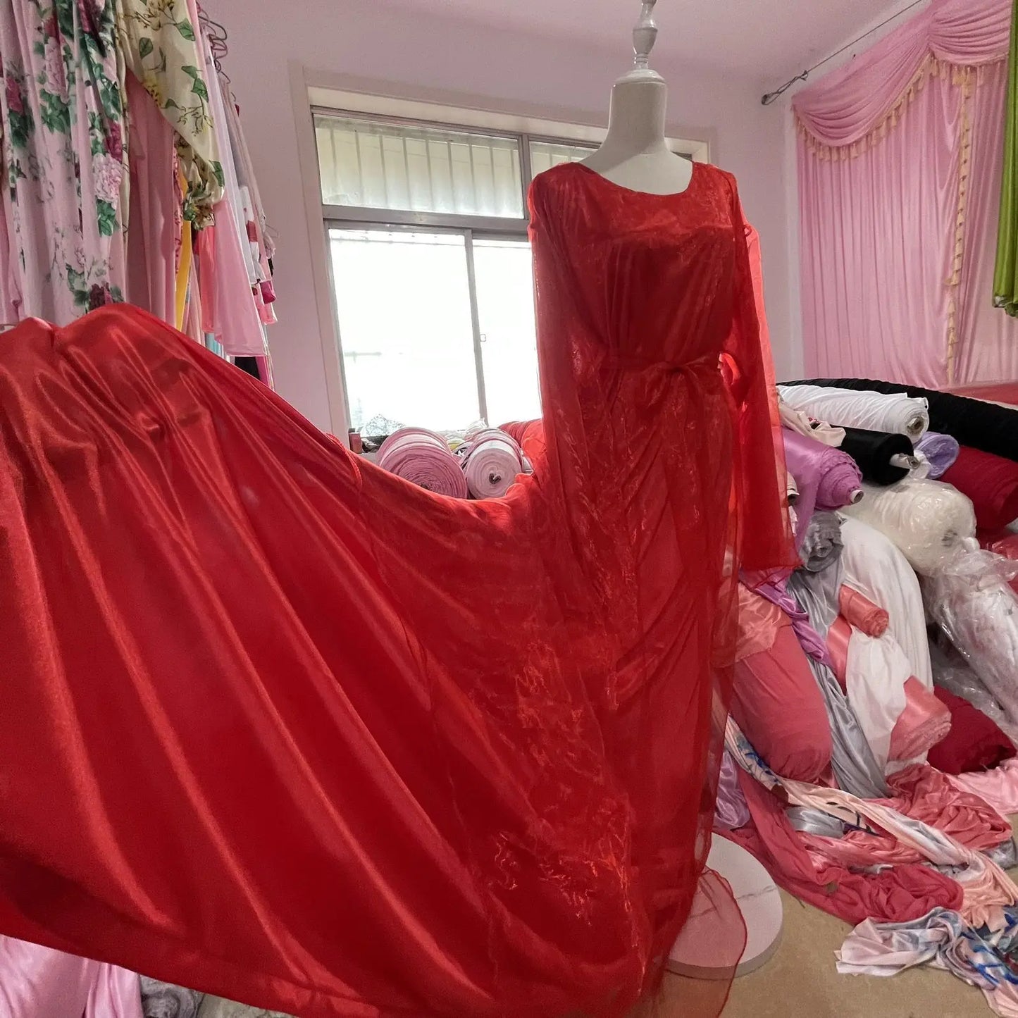 Double Layers Satin Glossy Women Long Sleeve Loose Maxi Dress Plus Size Sexy Sleeping Robe