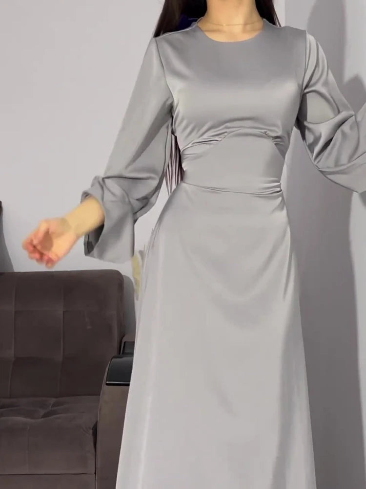 New in Summer Dress Women Fashion Solid Color Satin Dress Women High Neck Long Sleeve High Waist Tie Up Elegant Slim Maxi Dress