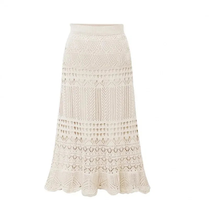 Summer Pure Desire Large Size Women's Thin Hollow Knitted Mid-Length High Waist Fish Tail Bodycon Skirt Half-length Skirt