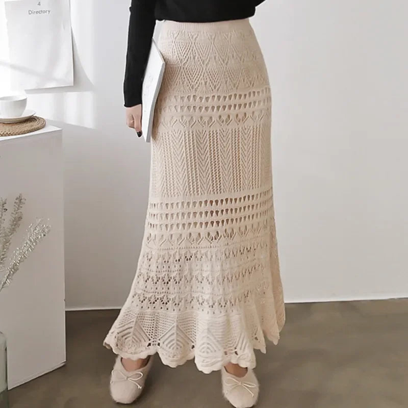 Summer Pure Desire Large Size Women's Thin Hollow Knitted Mid-Length High Waist Fish Tail Bodycon Skirt Half-length Skirt