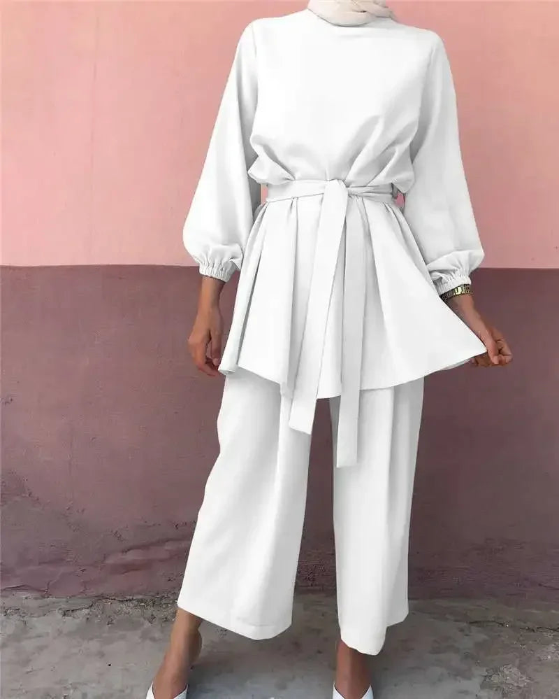 Eid Mubarak Abaya Turkey Hijab Two-piece Muslim Sets Dress Caftan Kaftans Islam Clothing 2 Piece Set Women Loose Wide Leg Pants