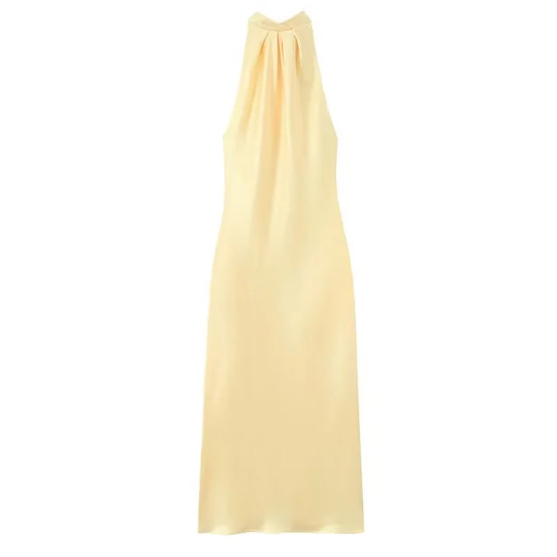 TRAF Halter Satin Long Dress Women Tied Backless Brown Midi Dress Summer Off Shoulder Party Dresses Pleated Evening Dress