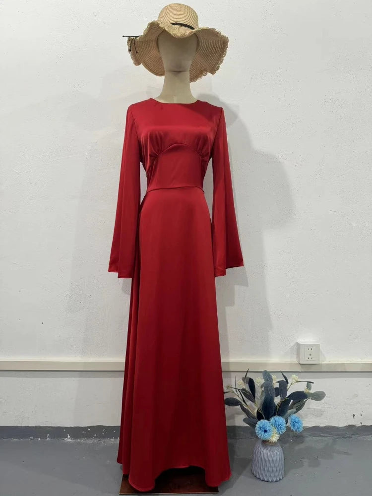 New in Summer Dress Women Fashion Solid Color Satin Dress Women High Neck Long Sleeve High Waist Tie Up Elegant Slim Maxi Dress
