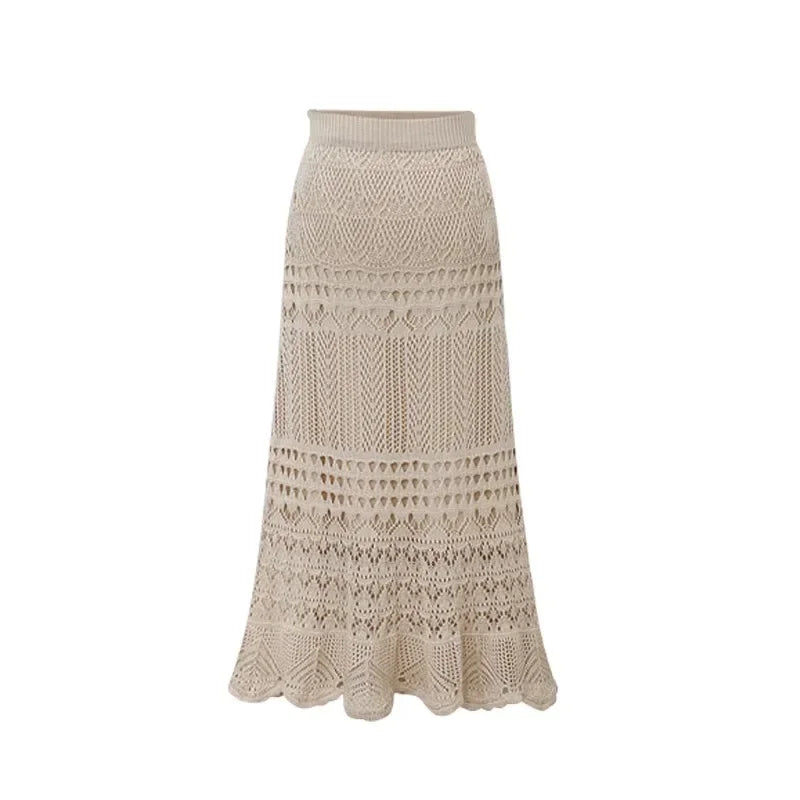 Summer Pure Desire Large Size Women's Thin Hollow Knitted Mid-Length High Waist Fish Tail Bodycon Skirt Half-length Skirt