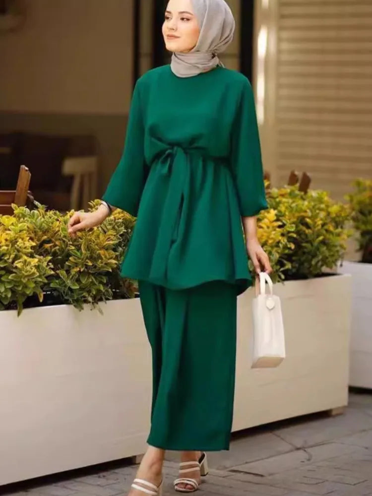 Eid Muslim Two Piece Set Islam Women Lace Up Blouse And Wide Leg Pants Suits Spring Autumn Lady Sets Solid Color Casual Outfits