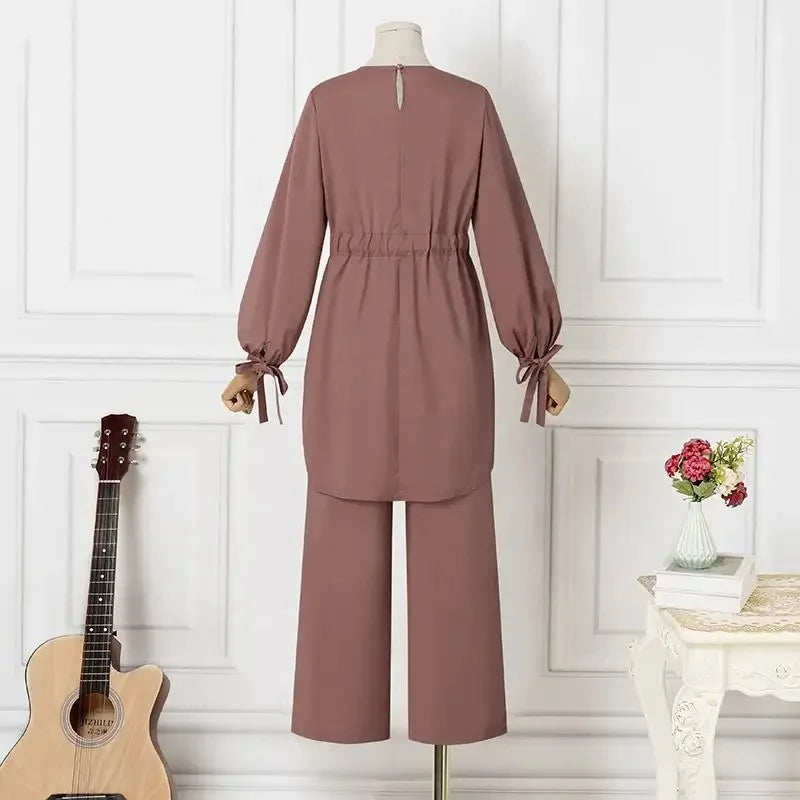 Muslim New Womens Clothing Solid Color Waist Top Wide-leg Elegant Fashion Lantern Sleeve Pants Sets for Women