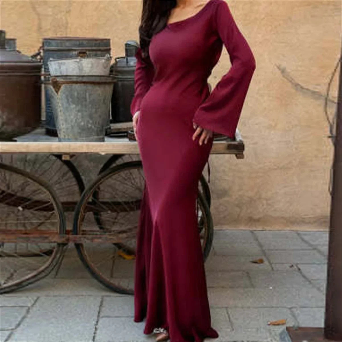2025 New Elegant Long Dresses Fashion Vintage Simple Round Neck Satin Flare Sleeve Lace Up Slim Evening Party Women Sexy Dress