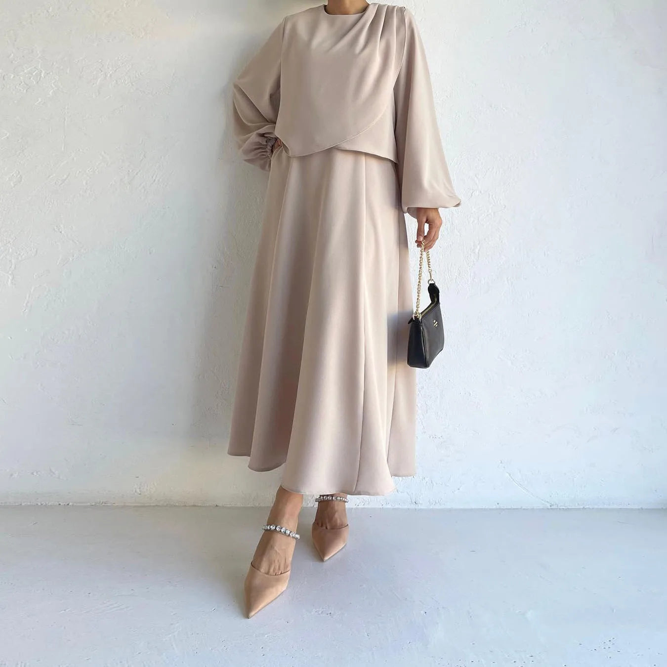 Two Piece Abaya Set With Sleeveless Under Dress Free Belt Pockets EID Ramadan Muslim Women Crepe Jazz Islamic Clothing