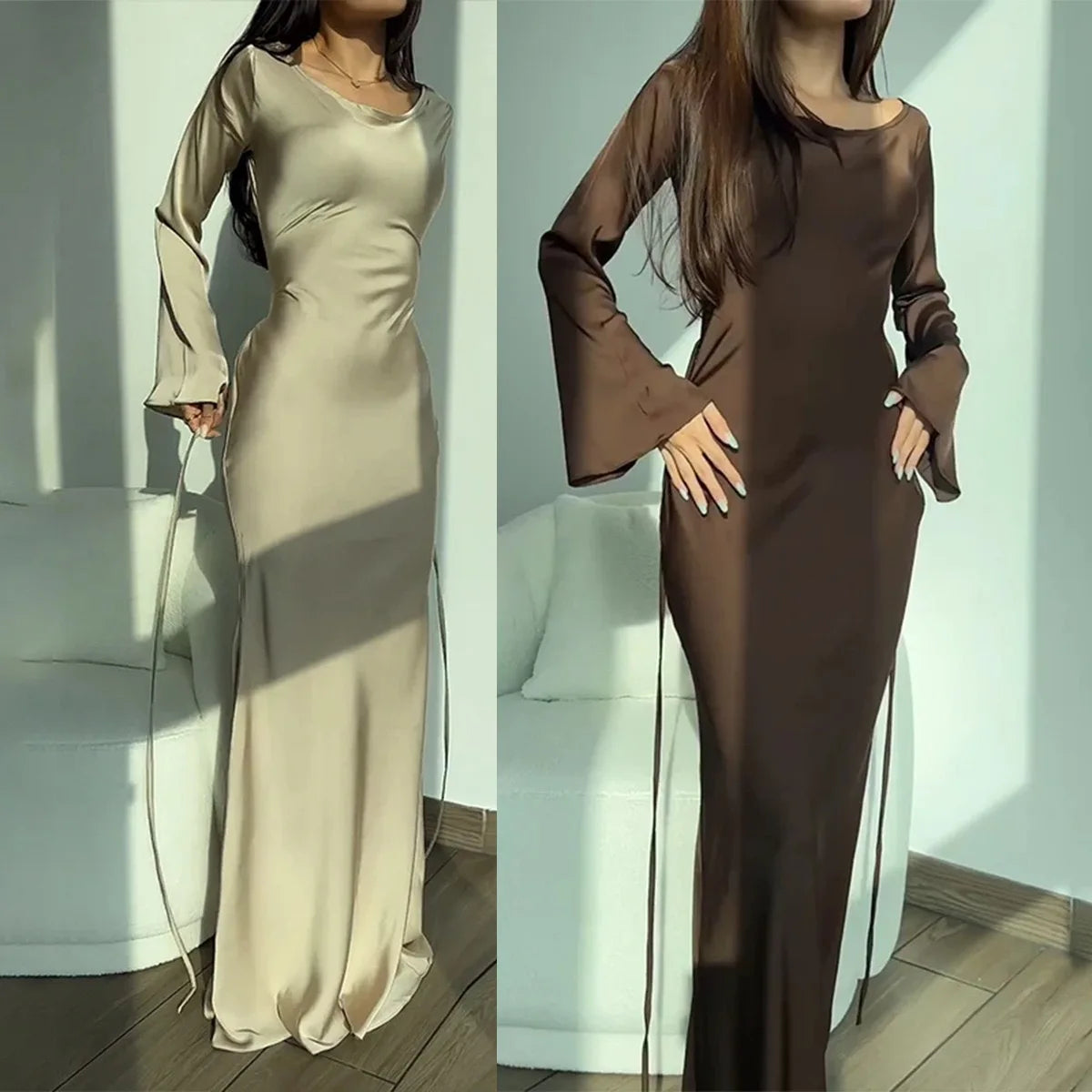 2025 Spring Autumn Satin Long Dress Women Solid Flare Sleeve Lace Up Elegant Dresses Female Evening Party Clothes Ladies Vestido