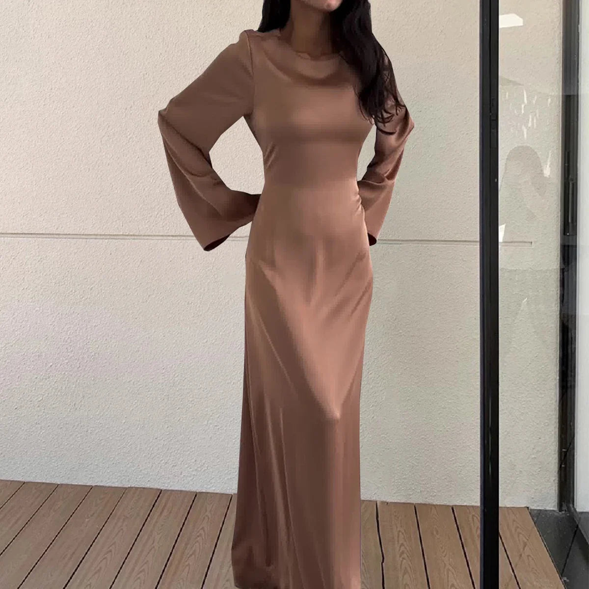 2025 New Elegant Long Dresses Fashion Vintage Simple Round Neck Satin Flare Sleeve Lace Up Slim Evening Party Women Sexy Dress