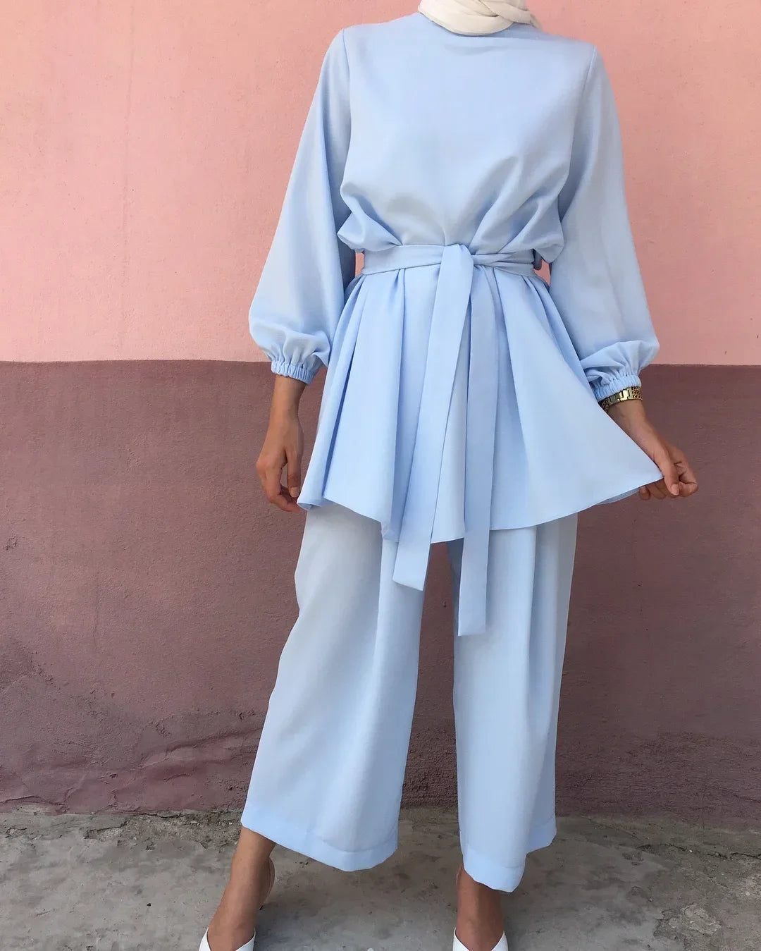 Eid Mubarak Abaya Turkey Hijab Two-piece Muslim Sets Dress Caftan Kaftans Islam Clothing 2 Piece Set Women Loose Wide Leg Pants