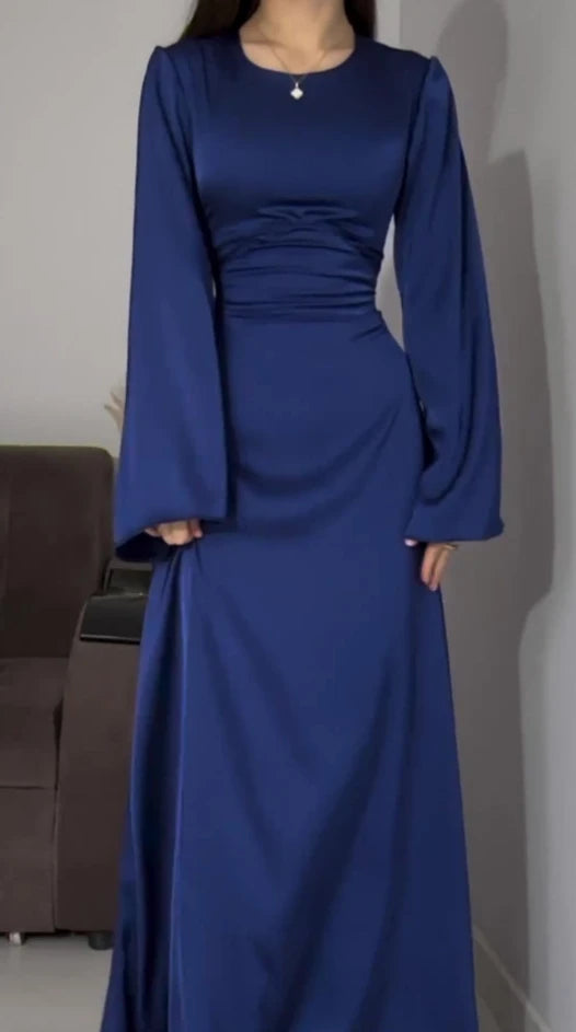 Dress Women Autumn Fashion Solid Color Satin Dress Women High Neck Long Sleeve High Waist Tie Up Elegant Slim Maxi Dress