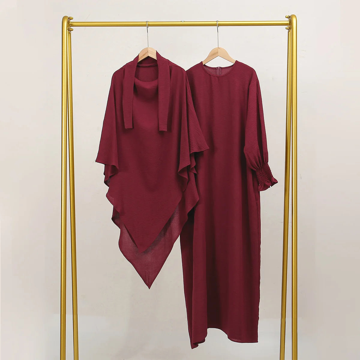 Middle Eastern Women's Two-piece Set New Single Layer Headscarf Pleated Sleeves Long Robe Fashion Ice Silk Wrinkled