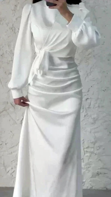 Dress Women Autumn Fashion Solid Color Satin Dress Women High Neck Long Sleeve High Waist Tie Up Elegant Slim Maxi Dress