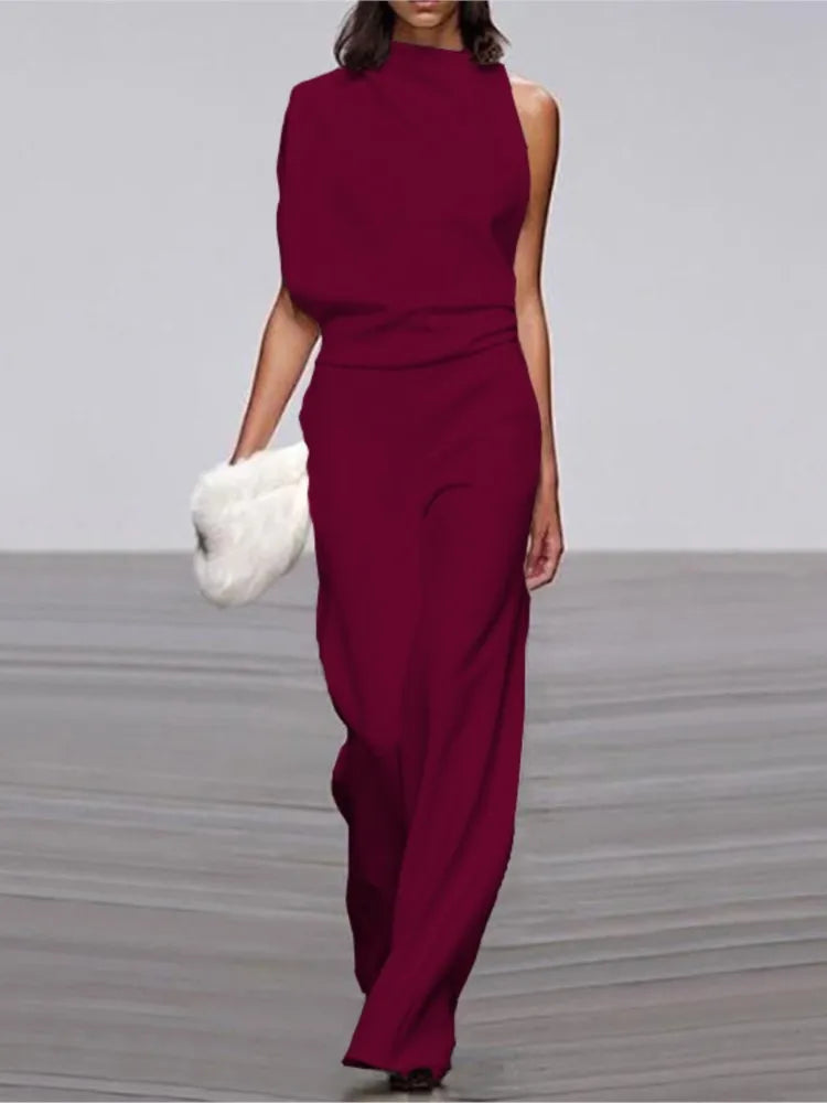 Spring And Summer Simple Solid Color Fashion One-shoulder Pile Collar Jumpsuit British Style Mid-waist Pleated Hollow Jumpsuit