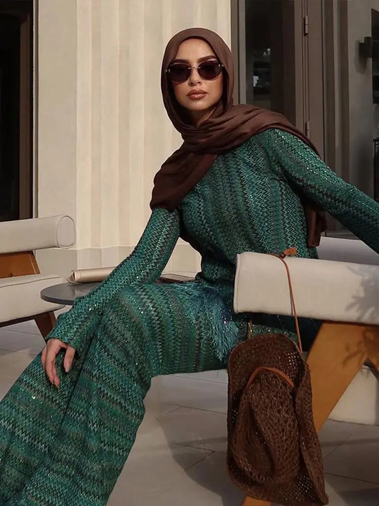 Casual Pants Suits Women Loose O Neck Long Sleeves Tassels Split Pullover Sets Female 2025 Summer Fashion Chic Elastic Waist Set