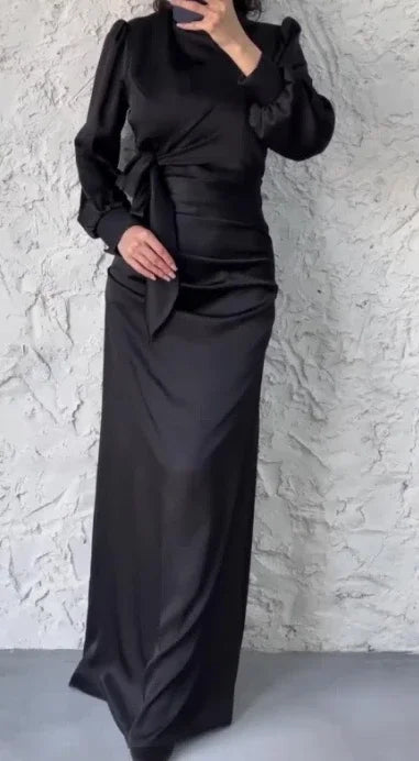 Dress Women Autumn Fashion Solid Color Satin Dress Women High Neck Long Sleeve High Waist Tie Up Elegant Slim Maxi Dress