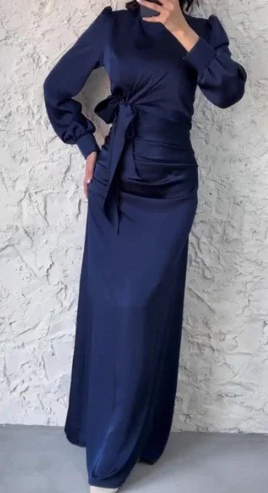 Dress Women Autumn Fashion Solid Color Satin Dress Women High Neck Long Sleeve High Waist Tie Up Elegant Slim Maxi Dress