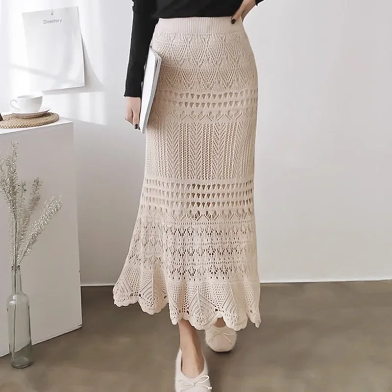 Summer Pure Desire Large Size Women's Thin Hollow Knitted Mid-Length High Waist Fish Tail Bodycon Skirt Half-length Skirt