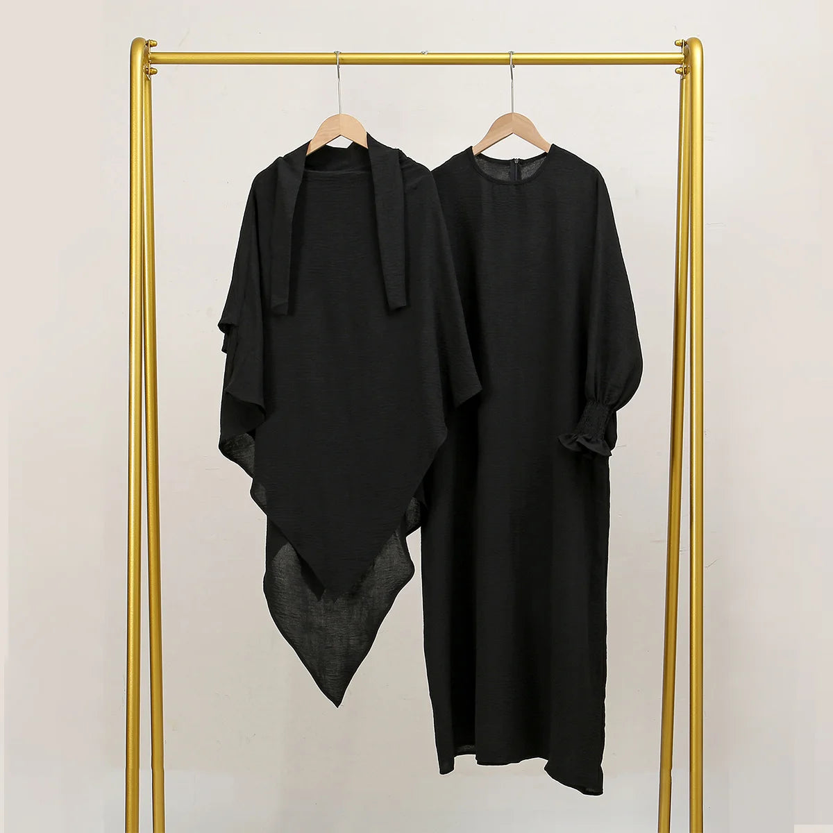 Middle Eastern Women's Two-piece Set New Single Layer Headscarf Pleated Sleeves Long Robe Fashion Ice Silk Wrinkled