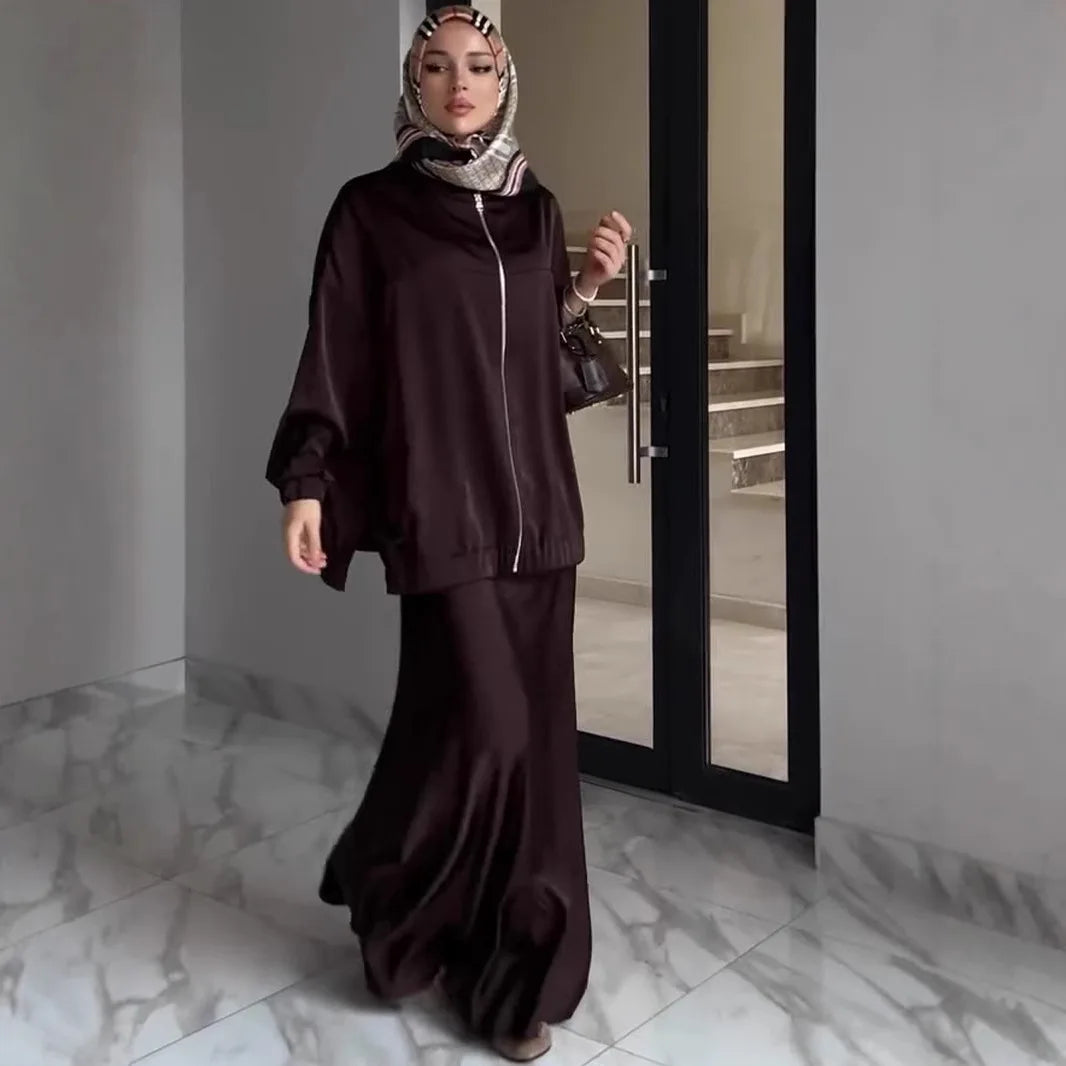Causal Satin Women 2 Piece Set Long Sleeve Zipper Jacket and Long Skirt Suit Ensemble Muslim Arab Dubai Kaftan Vestidos Outfits