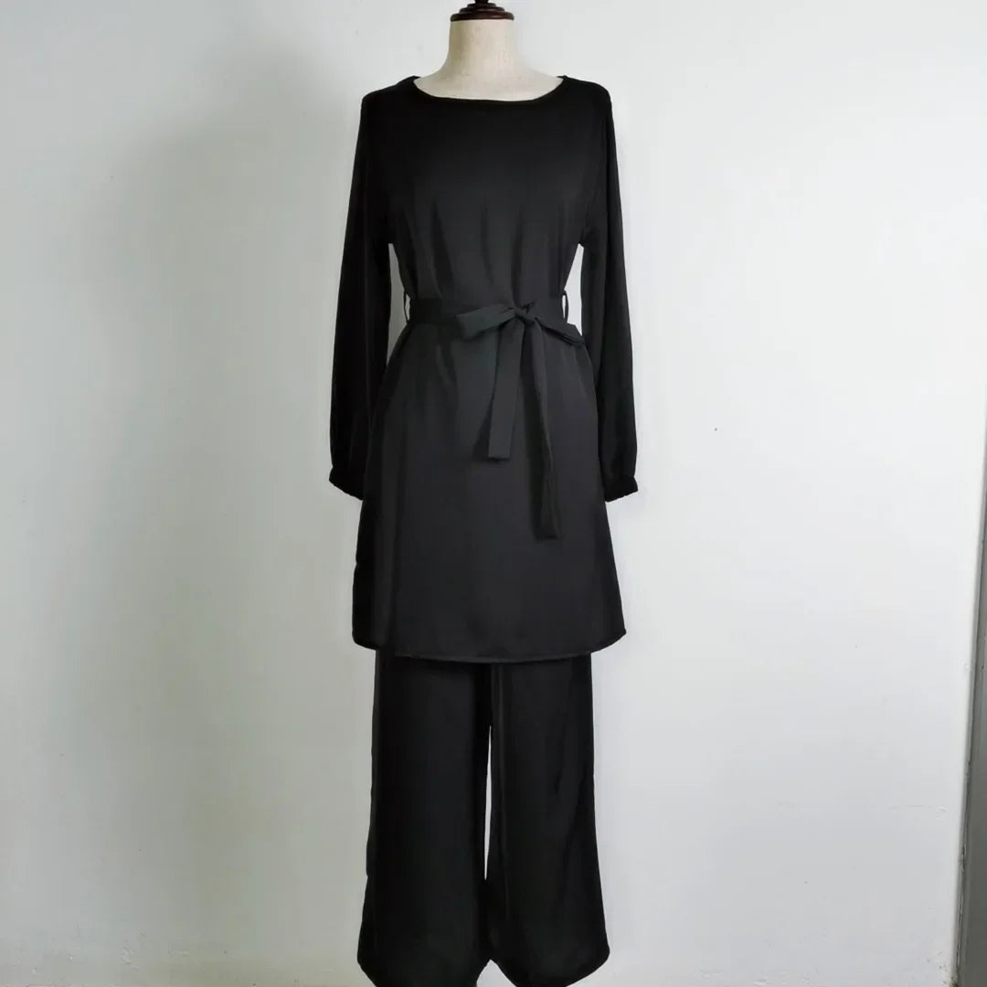 Eid Mubarak Abaya Turkey Hijab Two-piece Muslim Sets Dress Caftan Kaftans Islam Clothing 2 Piece Set Women Loose Wide Leg Pants