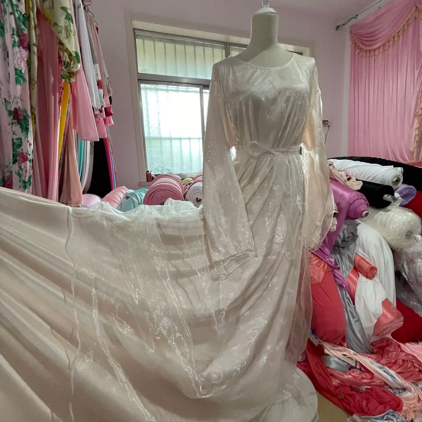 Double Layers Satin Glossy Women Long Sleeve Loose Maxi Dress Plus Size Sexy Sleeping Robe