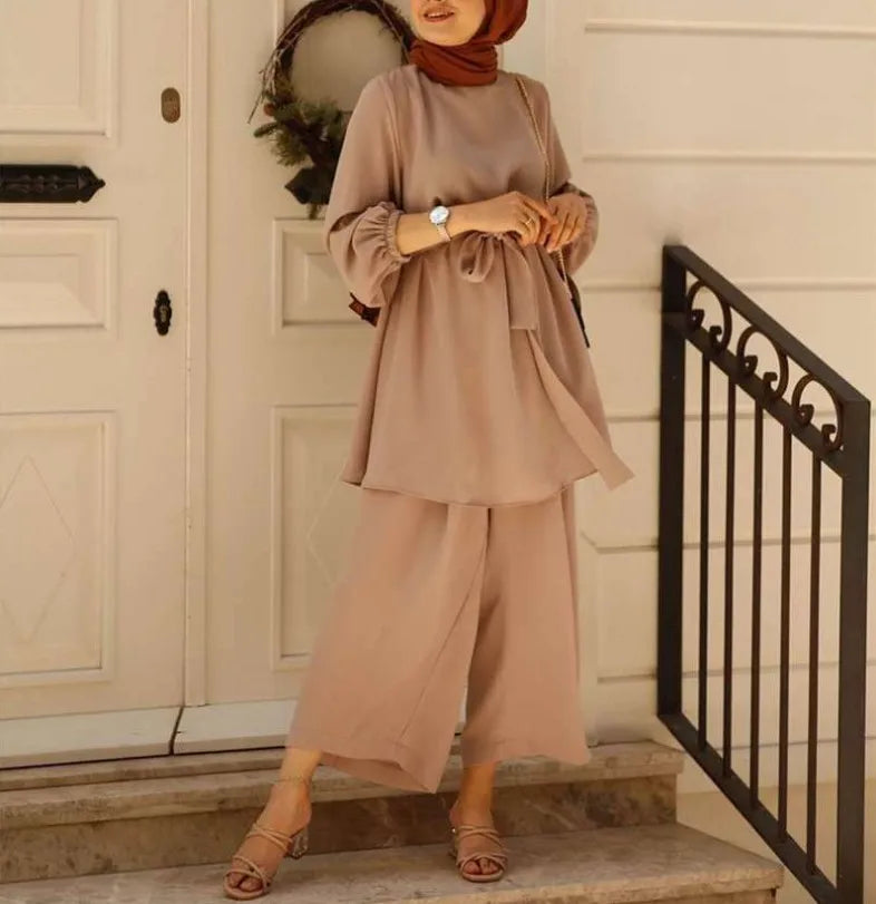Eid Muslim Two Piece Set Islam Women Lace Up Blouse And Wide Leg Pants Suits Spring Autumn Lady Sets Solid Color Casual Outfits