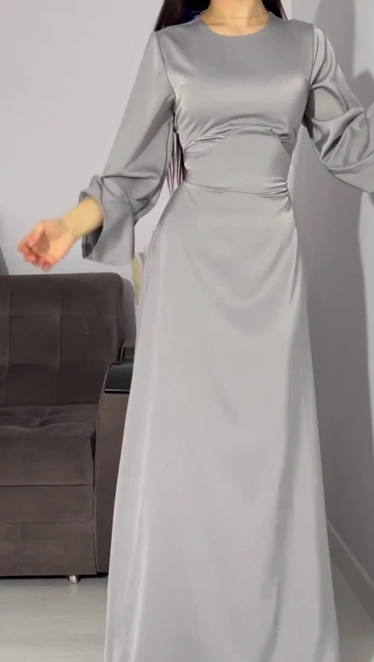 Dress Women Autumn Fashion Solid Color Satin Dress Women High Neck Long Sleeve High Waist Tie Up Elegant Slim Maxi Dress