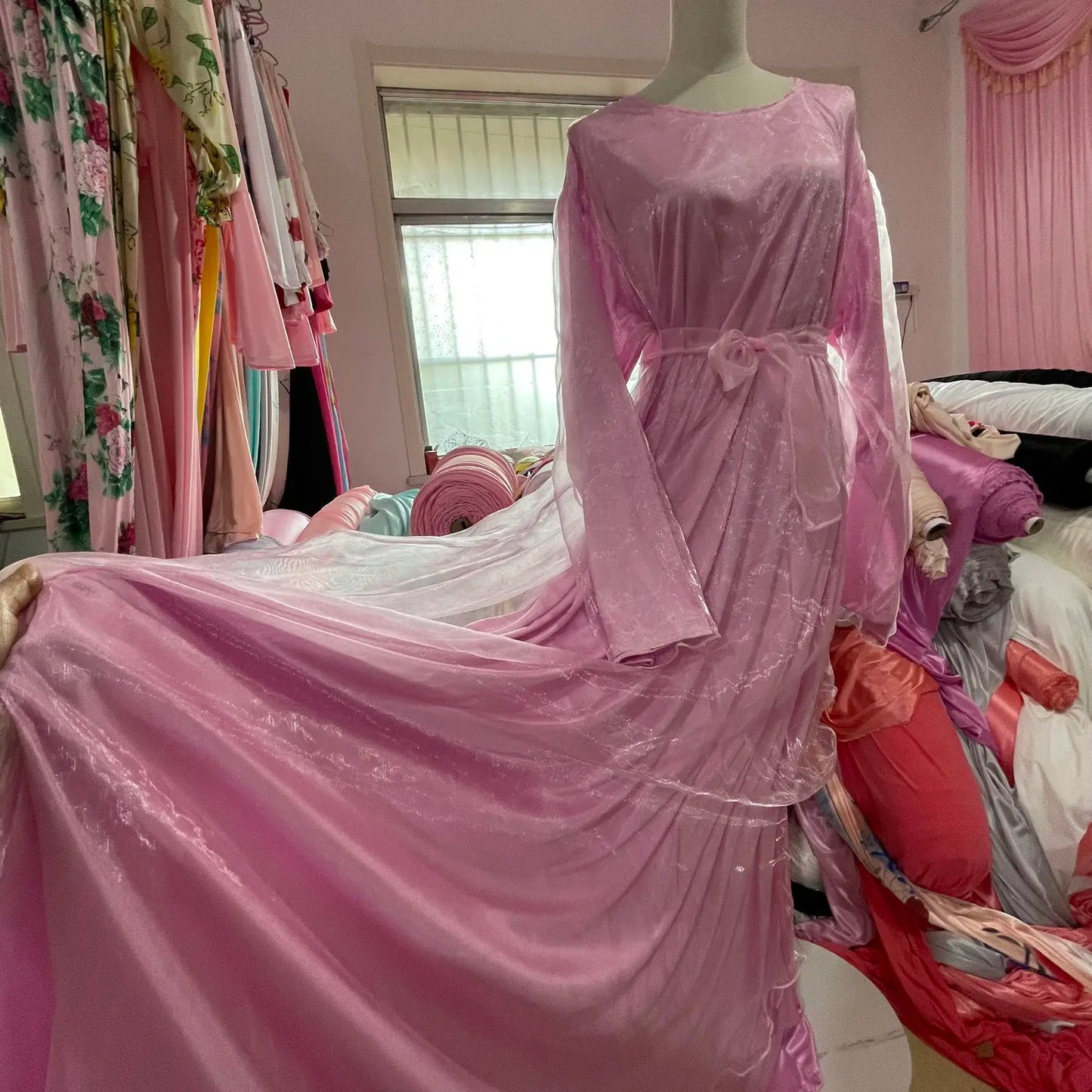 Double Layers Satin Glossy Women Long Sleeve Loose Maxi Dress Plus Size Sexy Sleeping Robe