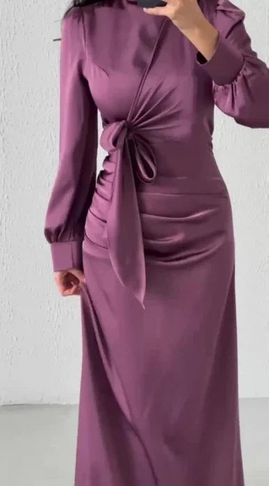 Dress Women Autumn Fashion Solid Color Satin Dress Women High Neck Long Sleeve High Waist Tie Up Elegant Slim Maxi Dress