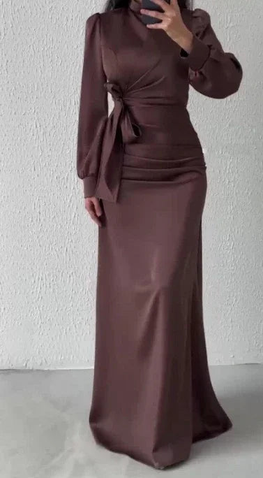Dress Women Autumn Fashion Solid Color Satin Dress Women High Neck Long Sleeve High Waist Tie Up Elegant Slim Maxi Dress