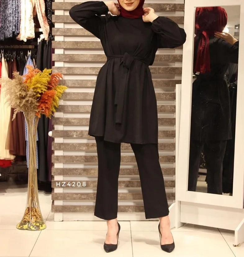 Eid Muslim Two Piece Set Islam Women Lace Up Blouse And Wide Leg Pants Suits Spring Autumn Lady Sets Solid Color Casual Outfits