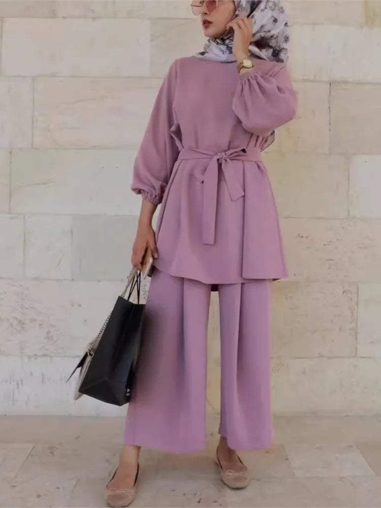 Eid Muslim Two Piece Set Islam Women Lace Up Blouse And Wide Leg Pants Suits Spring Autumn Lady Sets Solid Color Casual Outfits