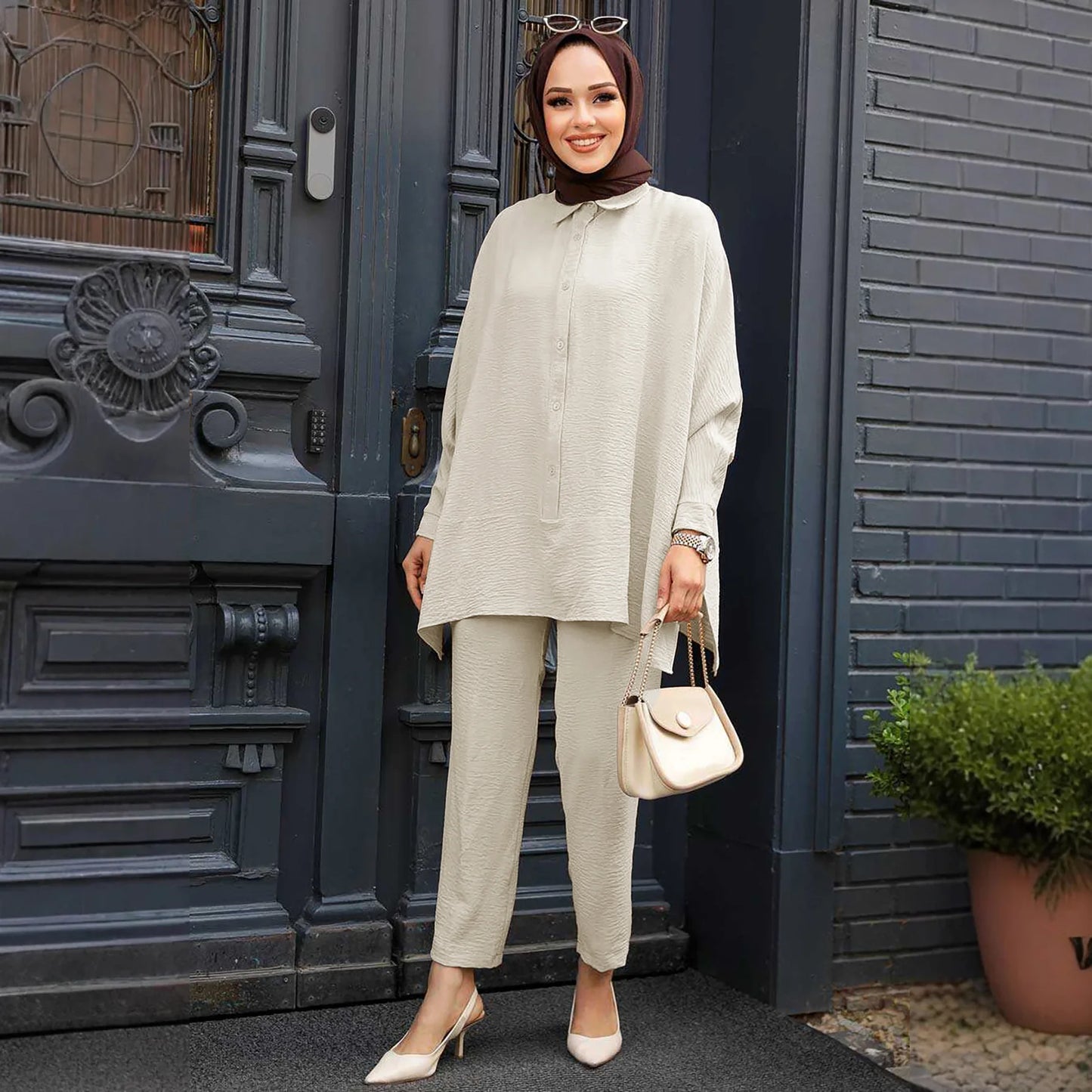 Eid Mubarak Abaya Turkey Hijab Two-piece Muslim Sets Dress Caftan Kaftans Islam Clothing 2 Piece Set Women Loose Wide Leg Pants