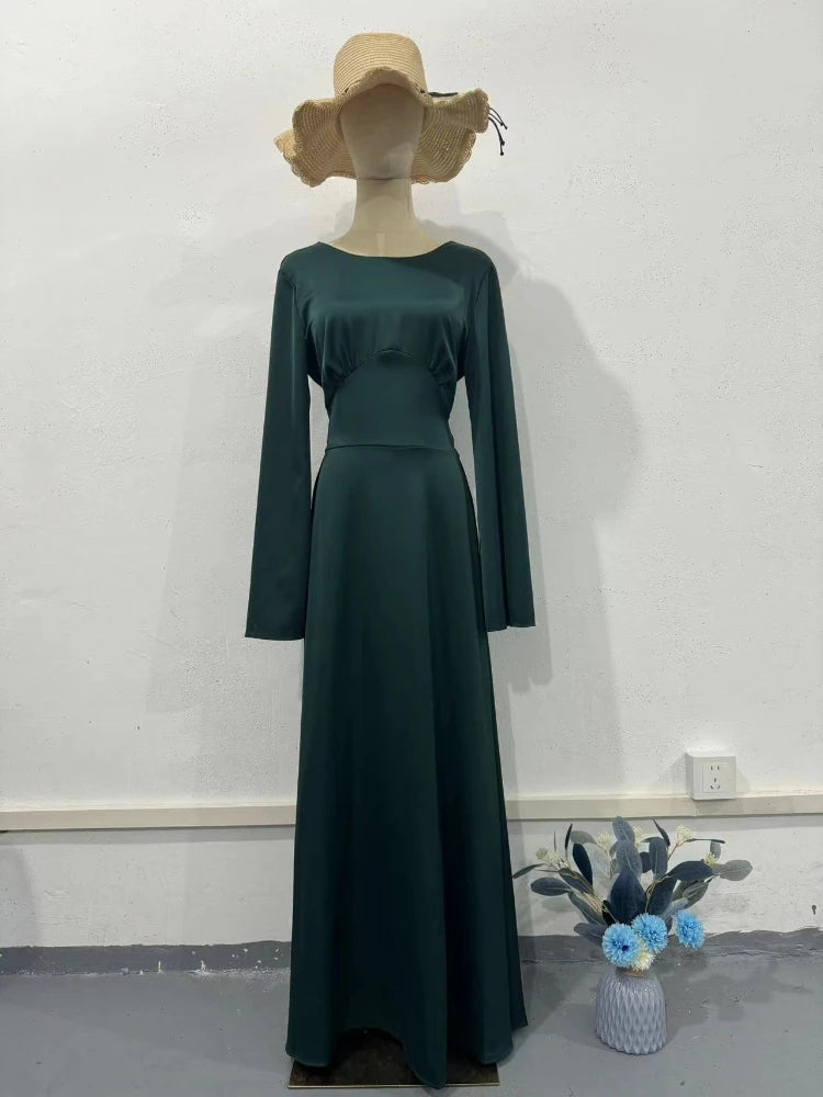 New in Summer Dress Women Fashion Solid Color Satin Dress Women High Neck Long Sleeve High Waist Tie Up Elegant Slim Maxi Dress
