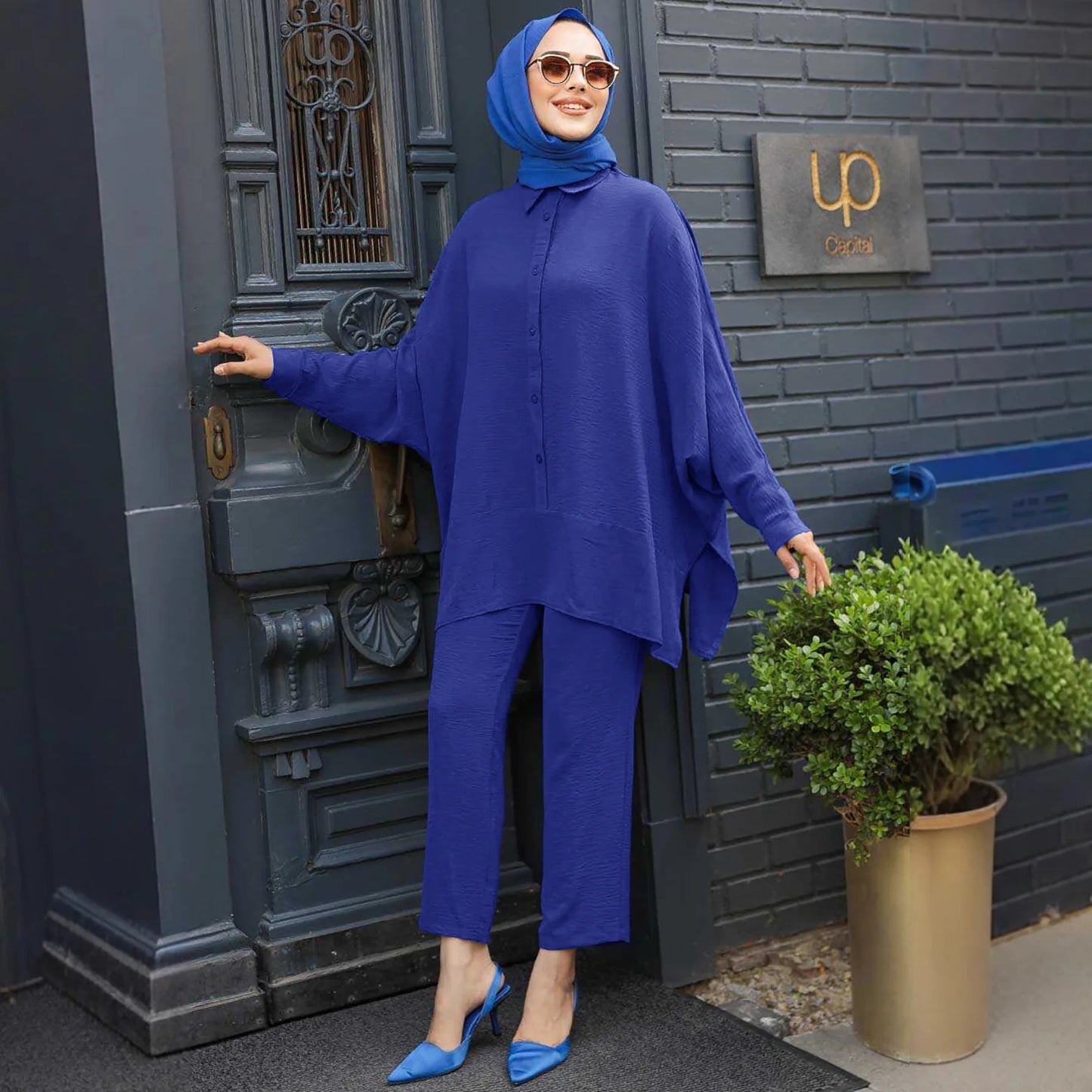 Eid Mubarak Abaya Turkey Hijab Two-piece Muslim Sets Dress Caftan Kaftans Islam Clothing 2 Piece Set Women Loose Wide Leg Pants