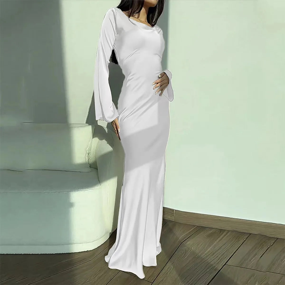 2025 Spring Autumn Satin Long Dress Women Solid Flare Sleeve Lace Up Elegant Dresses Female Evening Party Clothes Ladies Vestido