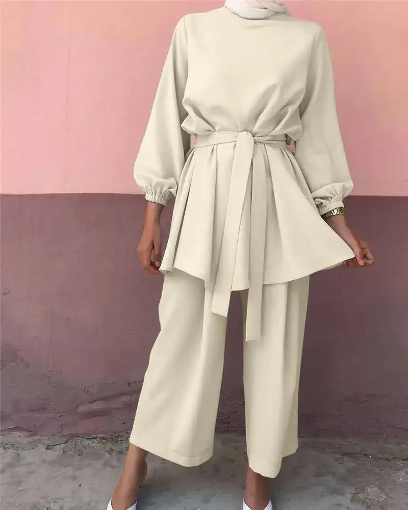 Eid Mubarak Abaya Turkey Hijab Two-piece Muslim Sets Dress Caftan Kaftans Islam Clothing 2 Piece Set Women Loose Wide Leg Pants