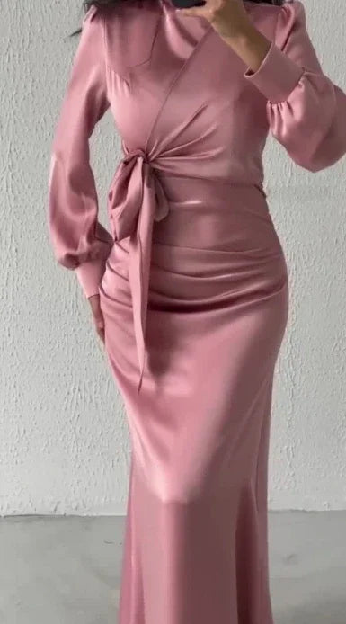Dress Women Autumn Fashion Solid Color Satin Dress Women High Neck Long Sleeve High Waist Tie Up Elegant Slim Maxi Dress