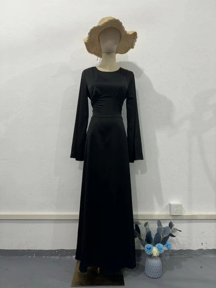 New in Summer Dress Women Fashion Solid Color Satin Dress Women High Neck Long Sleeve High Waist Tie Up Elegant Slim Maxi Dress
