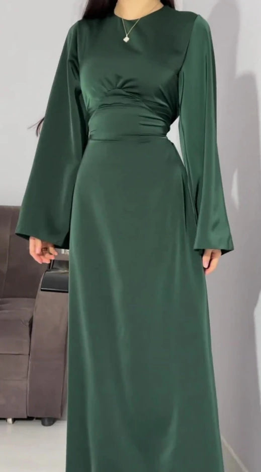 Dress Women Autumn Fashion Solid Color Satin Dress Women High Neck Long Sleeve High Waist Tie Up Elegant Slim Maxi Dress