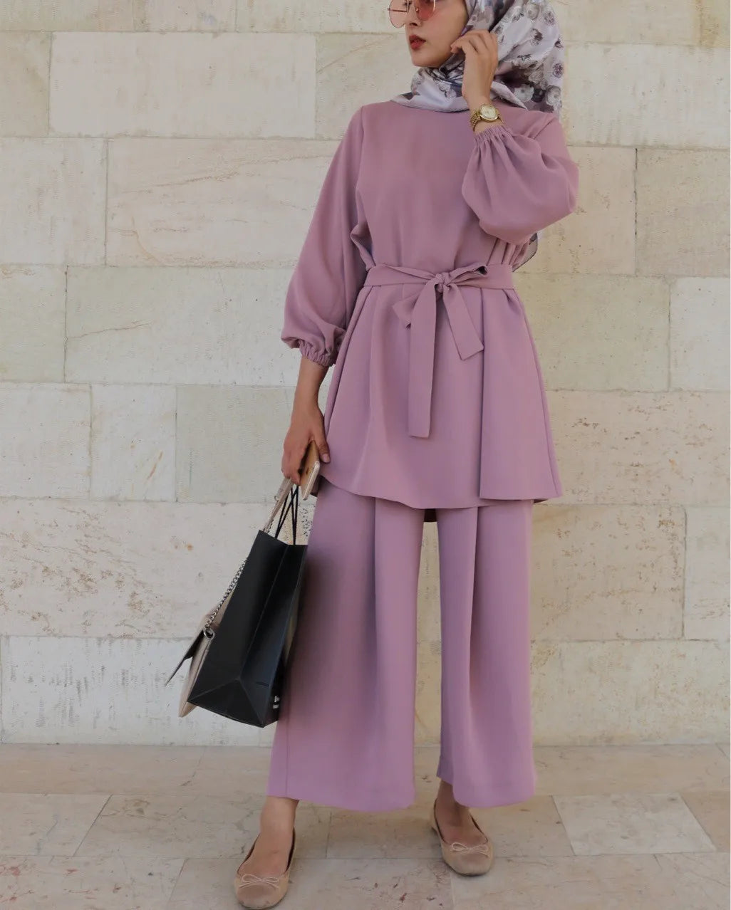 Eid Muslim Two Piece Set Islam Women Lace Up Blouse And Wide Leg Pants Suits Spring Autumn Lady Sets Solid Color Casual Outfits