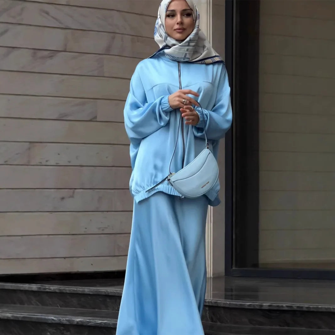 Causal Satin Women 2 Piece Set Long Sleeve Zipper Jacket and Long Skirt Suit Ensemble Muslim Arab Dubai Kaftan Vestidos Outfits